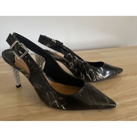 J. Renee Masiela Black Marble Metal Heel High Taper Toe Sling Memory Foam 7.5 M - Picture 6 of 12